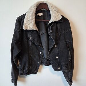 Topshop Gray Denim Jacket with Sherpa Collar